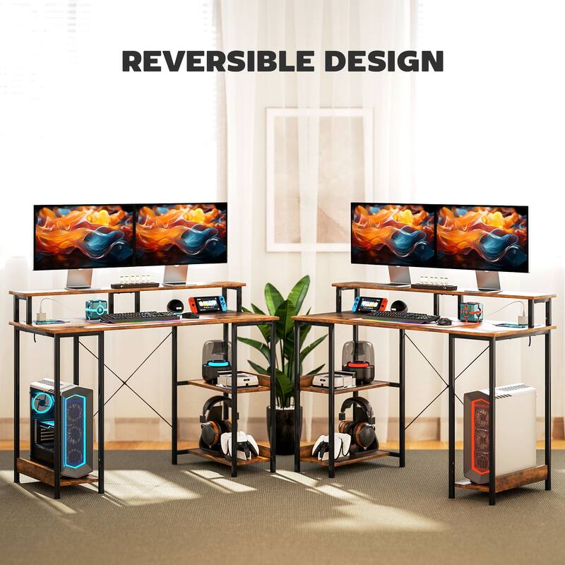 Particleboard and Steel Desk with RGB Lights Monitor Stand Shelves