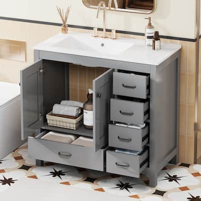 36" Gray Bathroom Vanity with Ceramic Sink Combo, Abundant Storage Cabinet -2 Soft close doors and 5 drawers