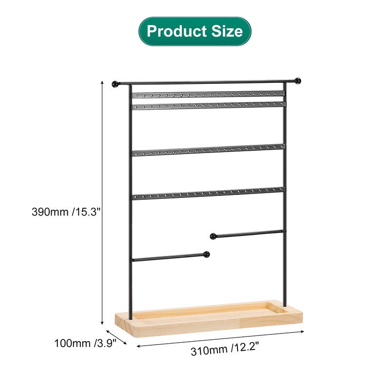 Earring Display Tower 4 Tier Metal Jewelry Holder with Wooden Tray- Black - Black