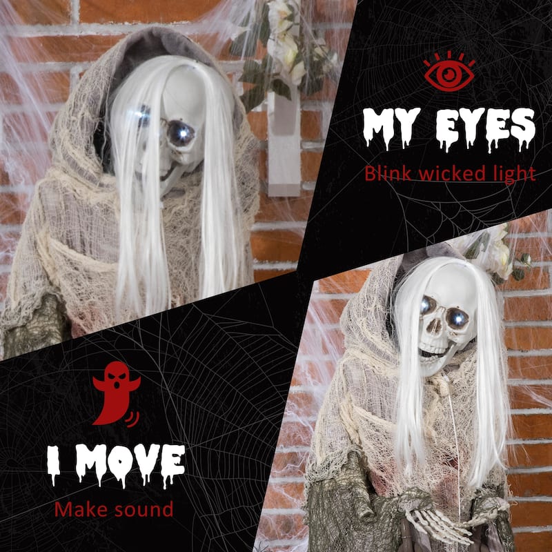 Outsunny 72" Life Size Outdoor Halloween Decorations Skeleton Witch, Sound and Motion Activated Animated Prop Animatronic Décor