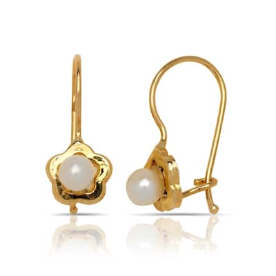 Curata 14k Yellow Gold Freshwater Cultured Pearl Flower Children's Kidney-wire Earrings - White