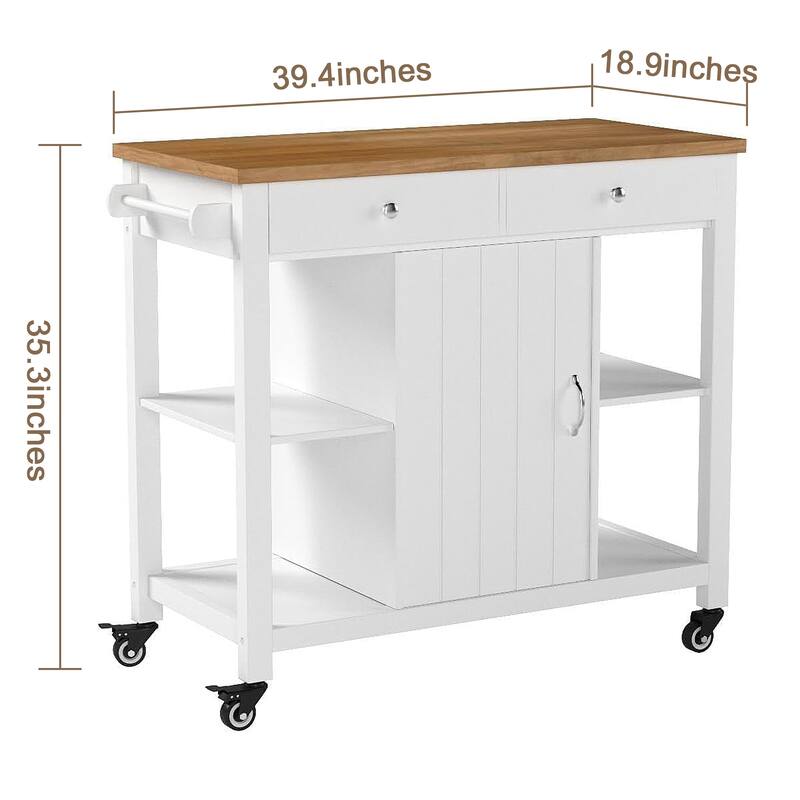 40" Kitchen Island Cart - Rubber Wood Top, Locking Wheels, Versatile Storage & Towel Rack,White