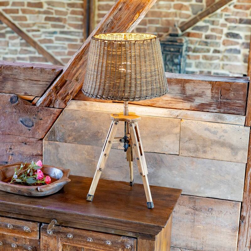 Rattan Style Table Lamp with Wooden Tripod and Bamboo Shade - 15.5x15.5x33 - 15.5x15.5x33 - Brown