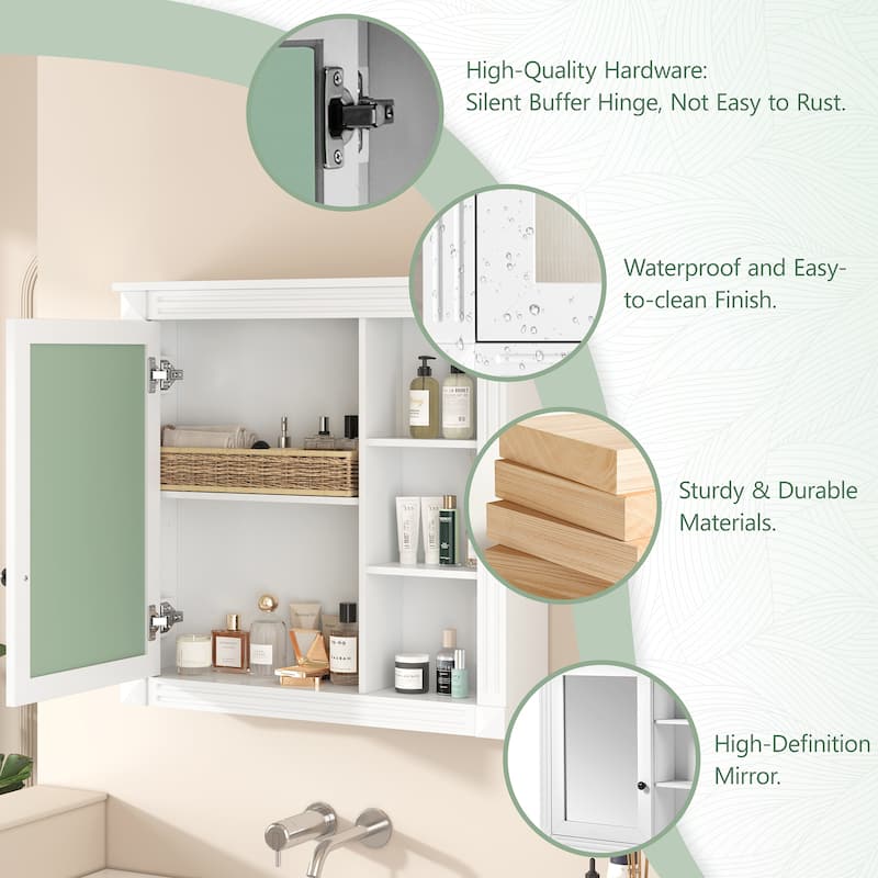 White Wall Mounted Bathroom Cabinet with Mirror, Soft-Close Hinges, Over-the-Toilet Storage Organizer