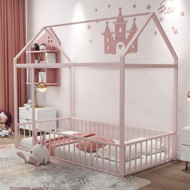 Twin Size Metal Bed House Bed Frame with Fence, for Kids, Teens, Girls, Boys - Pink