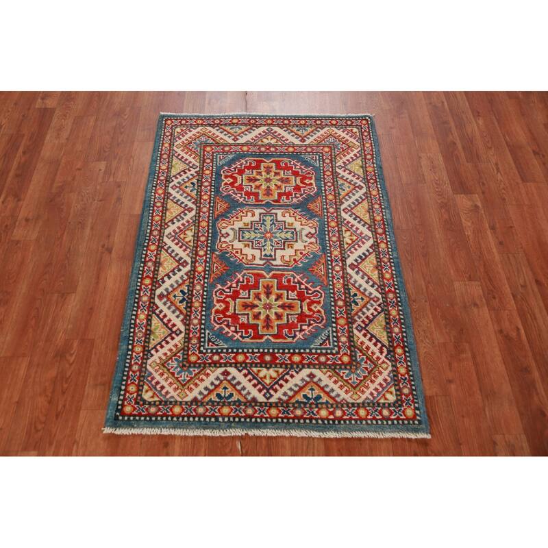Blue Geometric Kazak Foyer Rug Traditional Handmade Wool Carpet - 2'8"x 3'11"