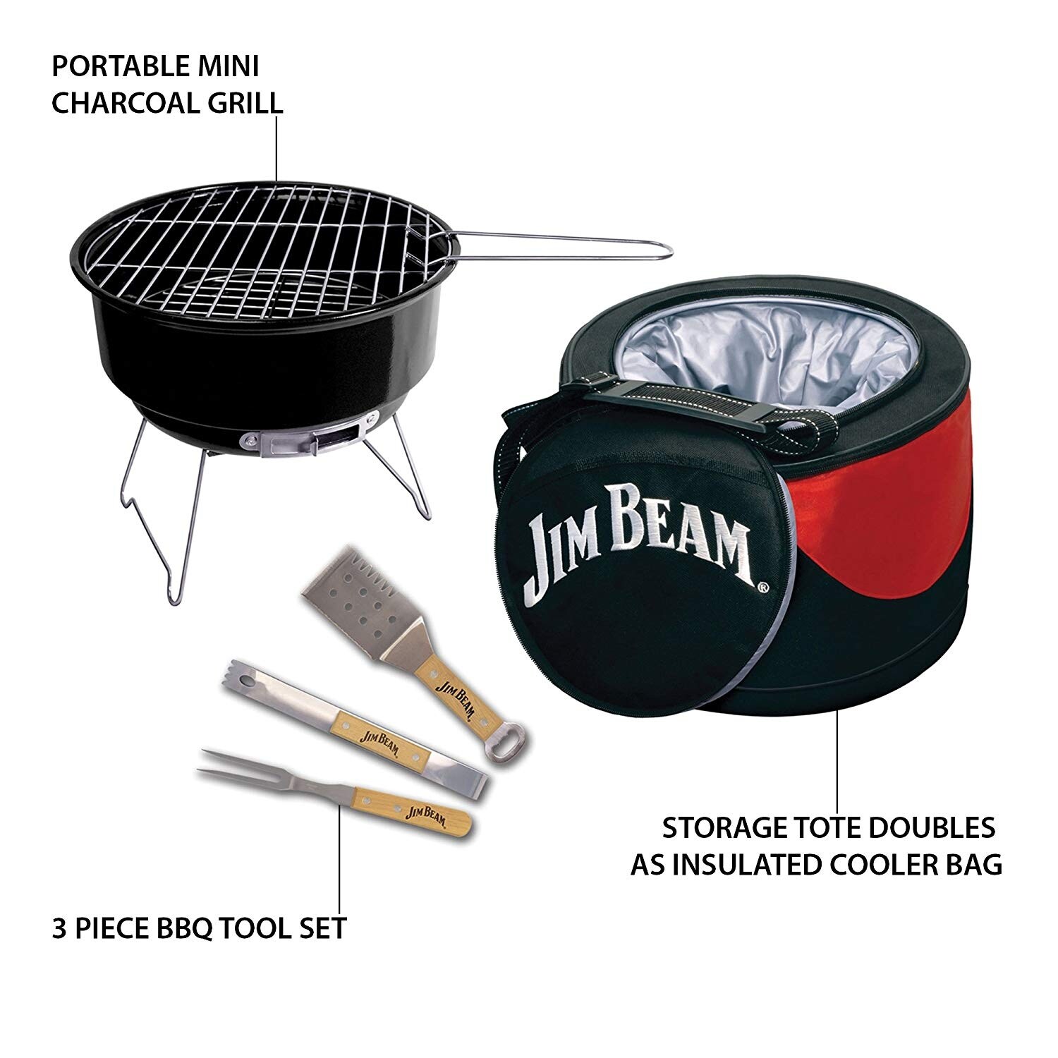 Jim Beam Portable 5 Piece Grilling Set Includes Mini Charcoal Grill