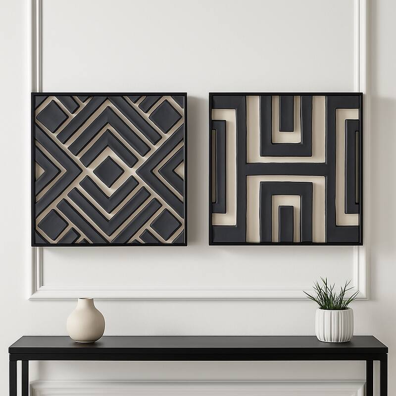 Decorative Geometric Canvas Wall Decor - Set of 2, 20", Black & Cream
