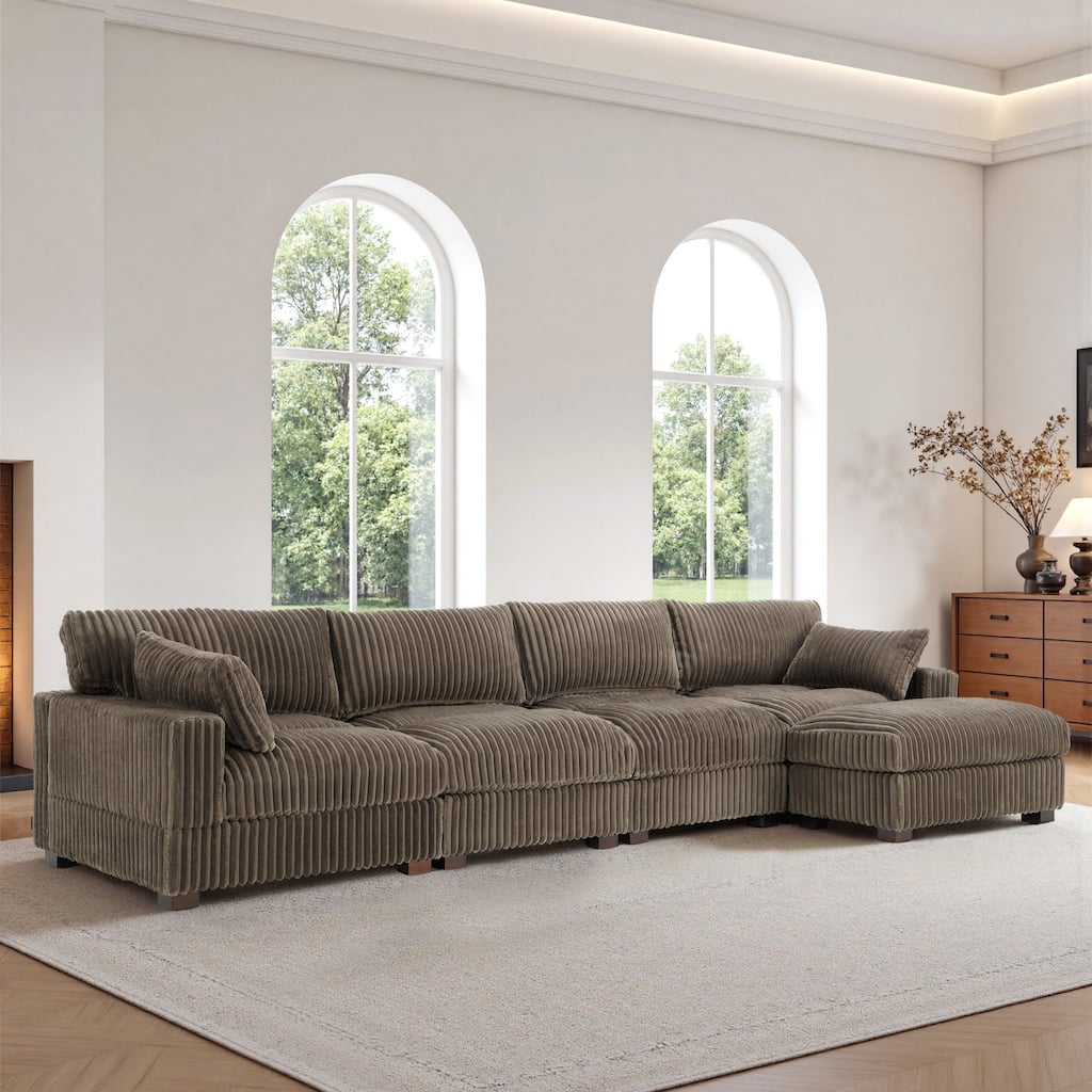 Modern Plush Corduroy Fabric Modular Sectional Sofa with Ottoman