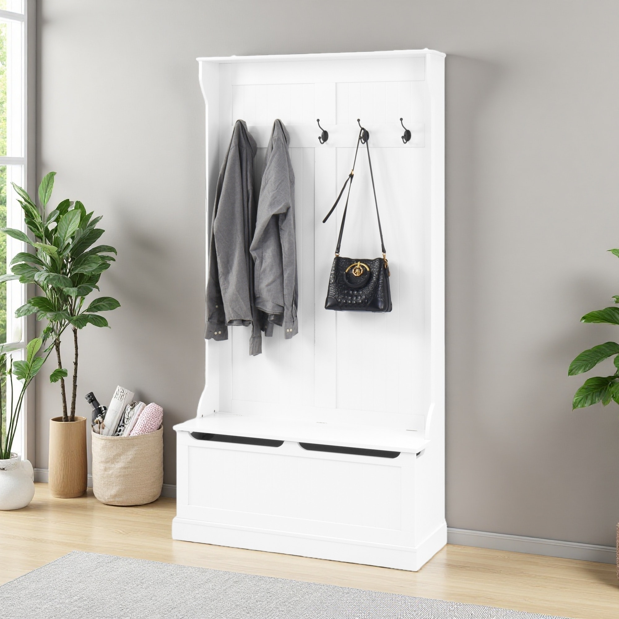 37.8"L Entryway Bench with Standing Coat Rack, 5 Hooks and Shoe Storage, Hall Tree Organizer with Storage Bench and Sitting Area