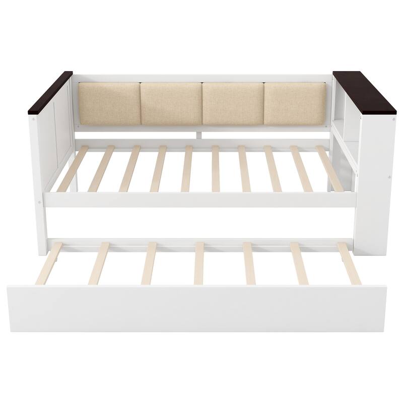 Wood Daybed with Storage Shelves, Charging Station & Upholstered Back by Harper&Bright Designs