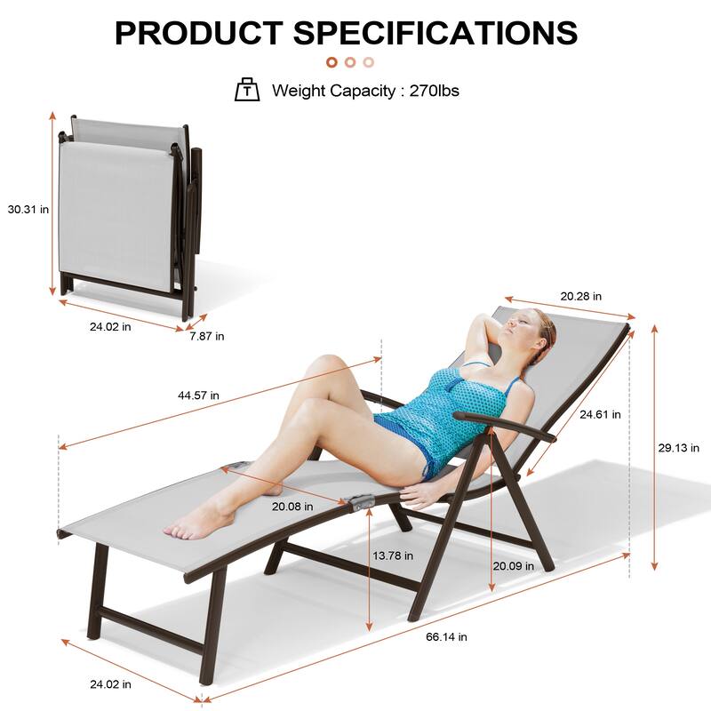 Outdoor Aluminum Folding Recliner Adjustable Chaise Lounge Chairs - See Picture