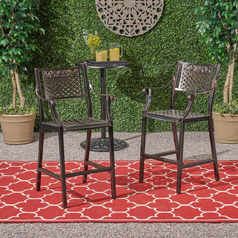 Roomfitters 2-Piece Outdoor Metal Bar Stools, Antique Bronze Cast Aluminum Patio High Dining Chairs with Floral Lattice, Black - Black