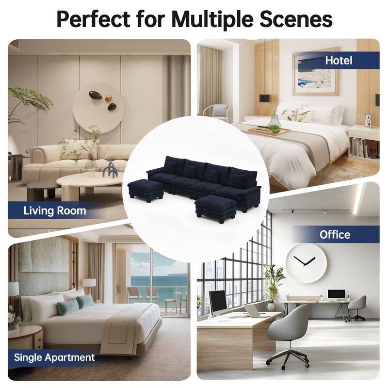 144" Modular Compression Sofa Set Convertible Sectional Sleeper Couch with 2 Ottomans