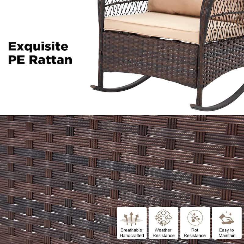 3-Piece Outdoor Rocking/Swivel Chair Set - PE Rattan Patio Furniture with Cushions & Coffee Table, Rocker Chairs for Backyard