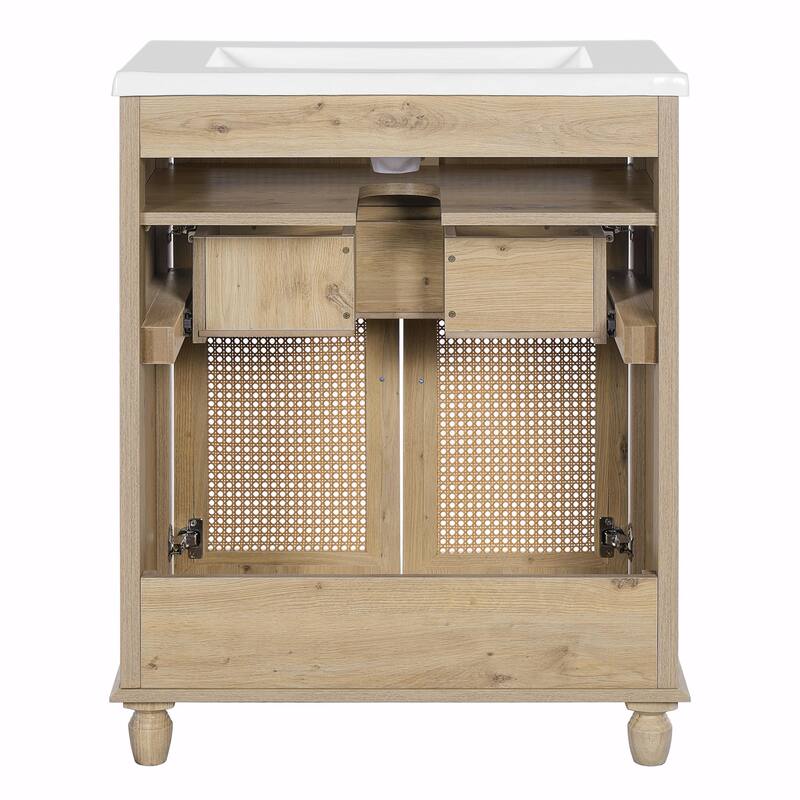 30-Inch Bathroom Vanity with Handwoven Rattan Doors, Solid Wood Legs & Resin Basin