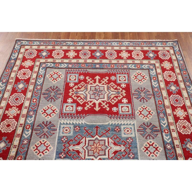 Kazak Oriental Area Rug Hand-Knotted Traditional Grey Wool Carpet - 5'0" x 6'7"