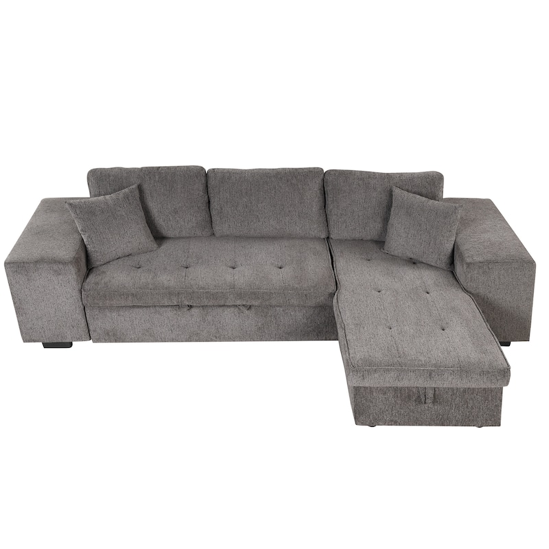 104" Modern L-Shape 3 Seat Reversible Sectional Couch, Pull Out Sleeper Sofa with Storage Chaise and 2 Stools for Living Room Fu