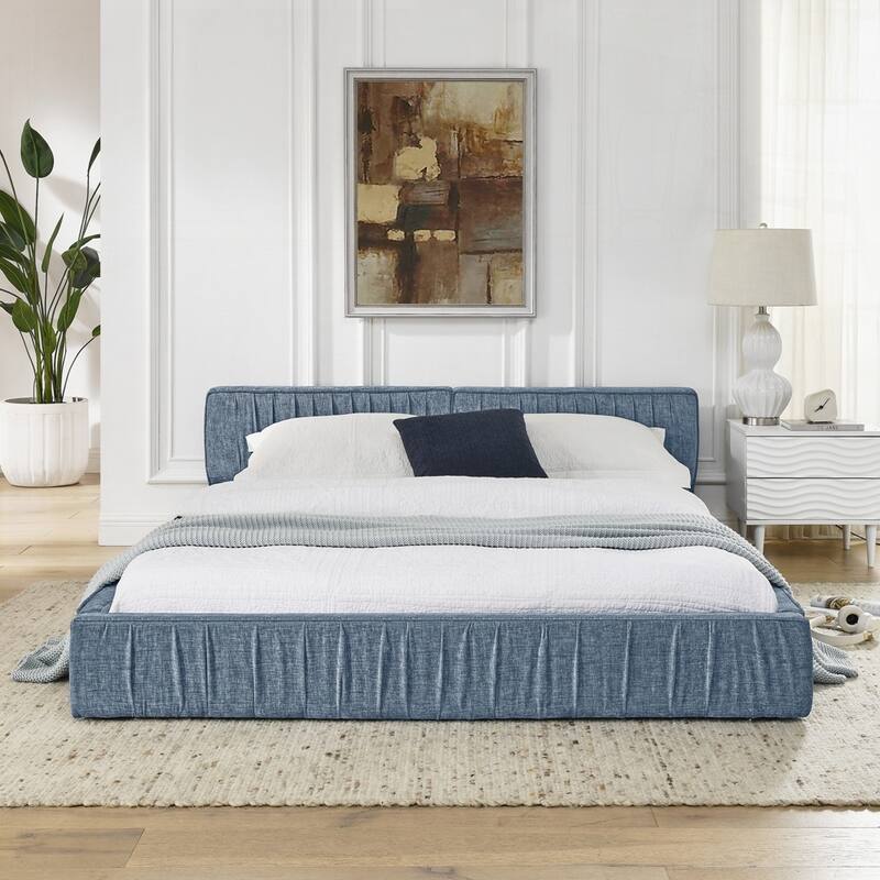 Upholstered Bed Frame with Chenille fabric with pleated design