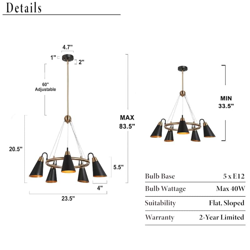 Modern 5-Light Black Gold Chandelier Wagon Wheel Pendant Lights with Metal Shades - 23.5"L x 33.5"H