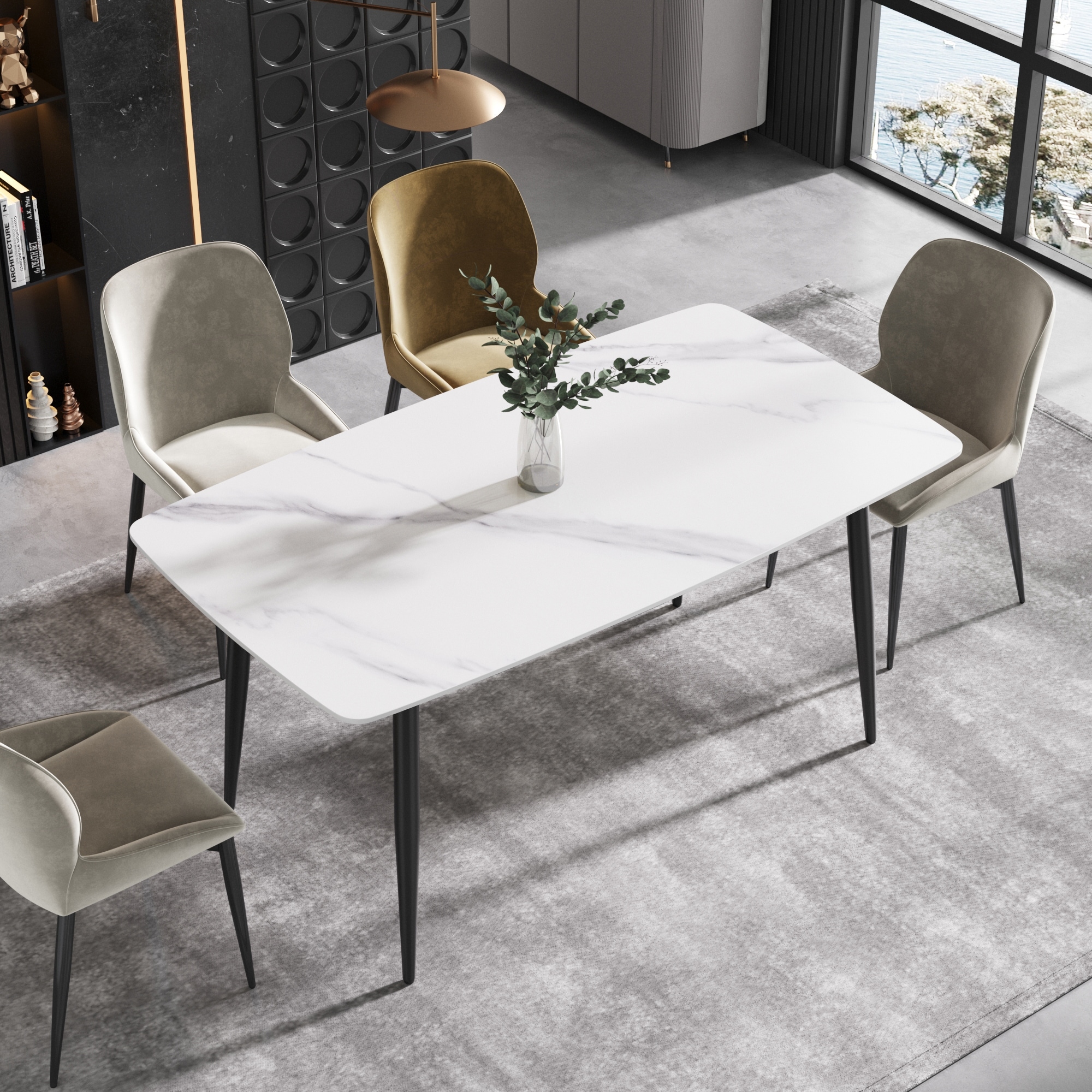 63" Modern Sintered Stone Dining Table,Solid Black Carbon Steel Base