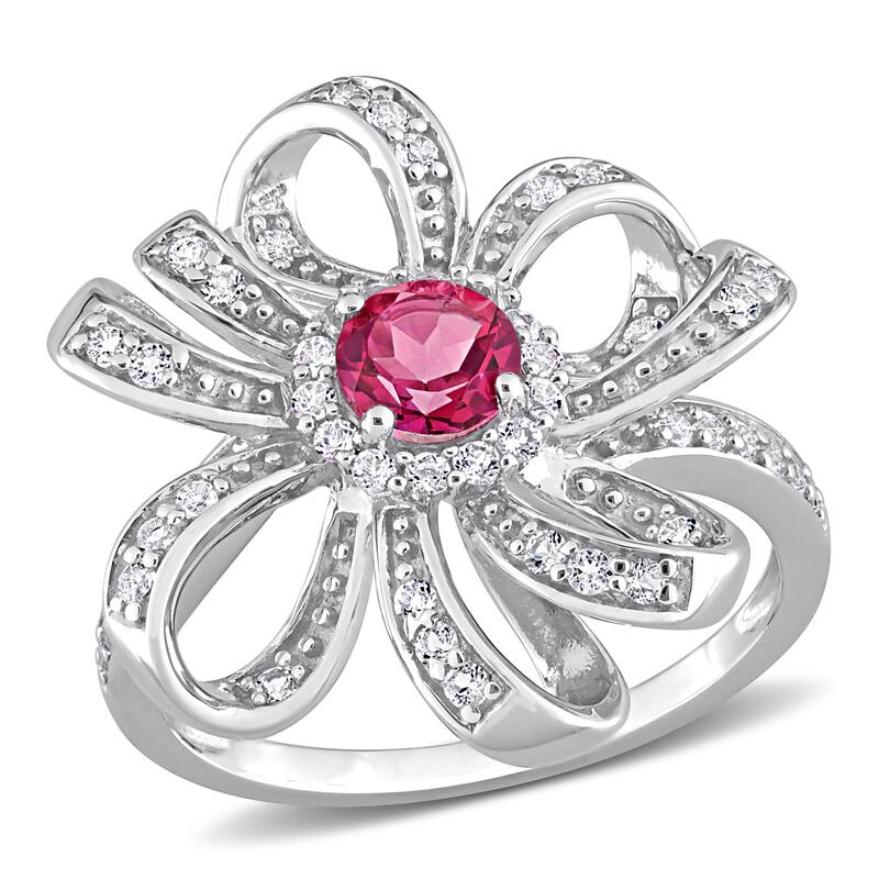 Miadora Pink and White Topaz Floral Cluster Ring in Sterling Silver