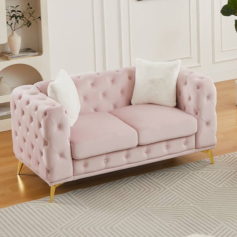 Velvet Chesterfield Loveseat Sofa, Tufted Button Upholstered 2 Seater Sofa, Lounge Sofa Chair with 2 Pillows & Metal Legs
