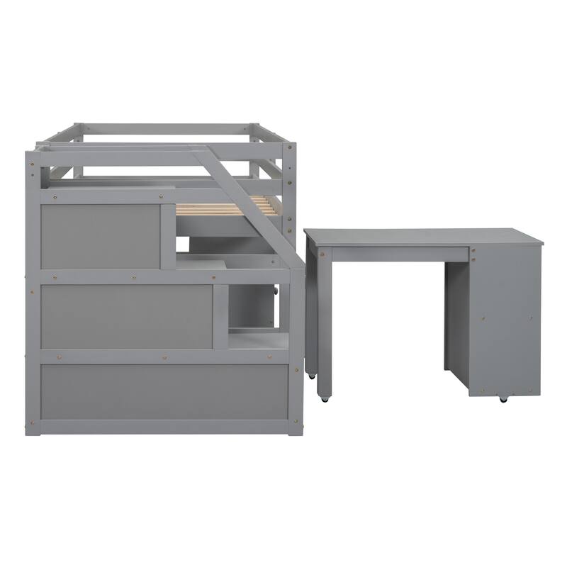 Pine Wood Low Loft Bed with Storage Stairs, Shelves, Retractable Writing Desk, 3 Drawers, Wooden Lofbed Frame for Kids Bedroom