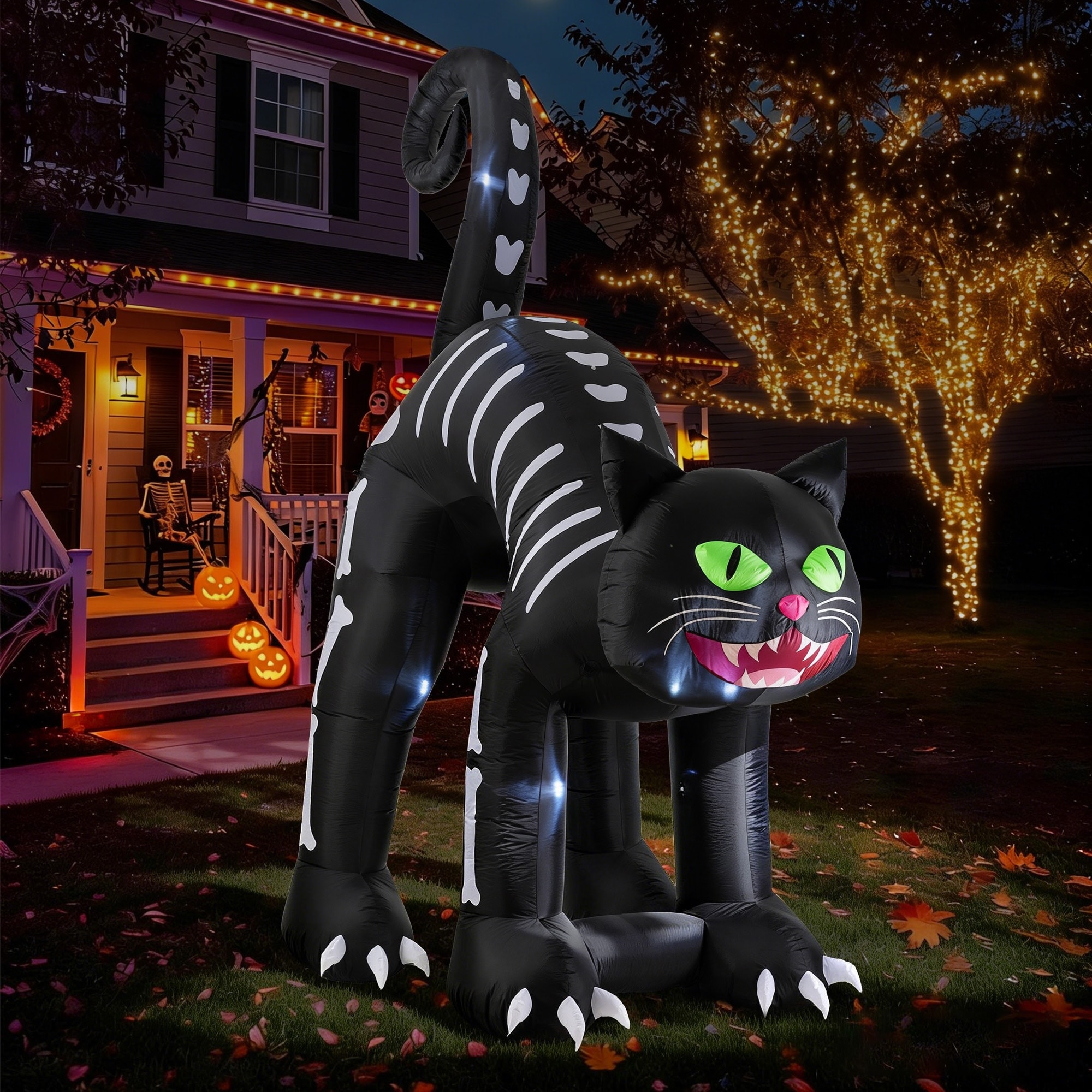 Glitzhome Halloween 11FT Lighted Inflatable Giant Skeleton Black Cat Decor