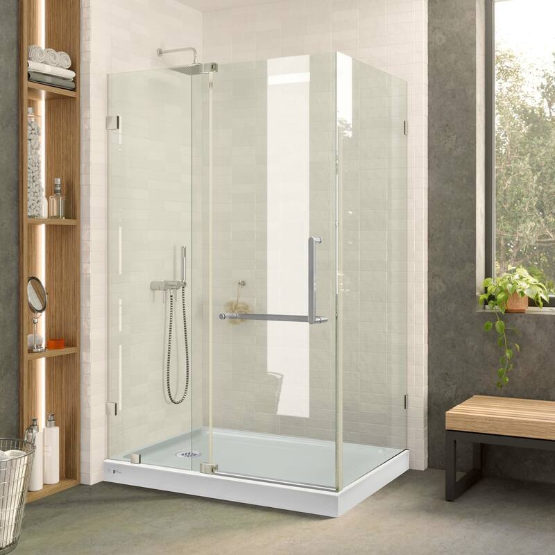 Shower Enclosure with Double Threshold Acrylic Shower Base Set - 40" x 28" - Left Hand - Polished Chrome