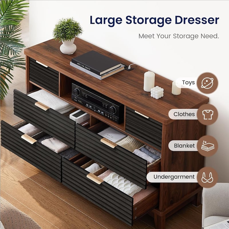 Wooden Drawers Dresser with Charging Station Dresser for Bedroom Chest of Drawers