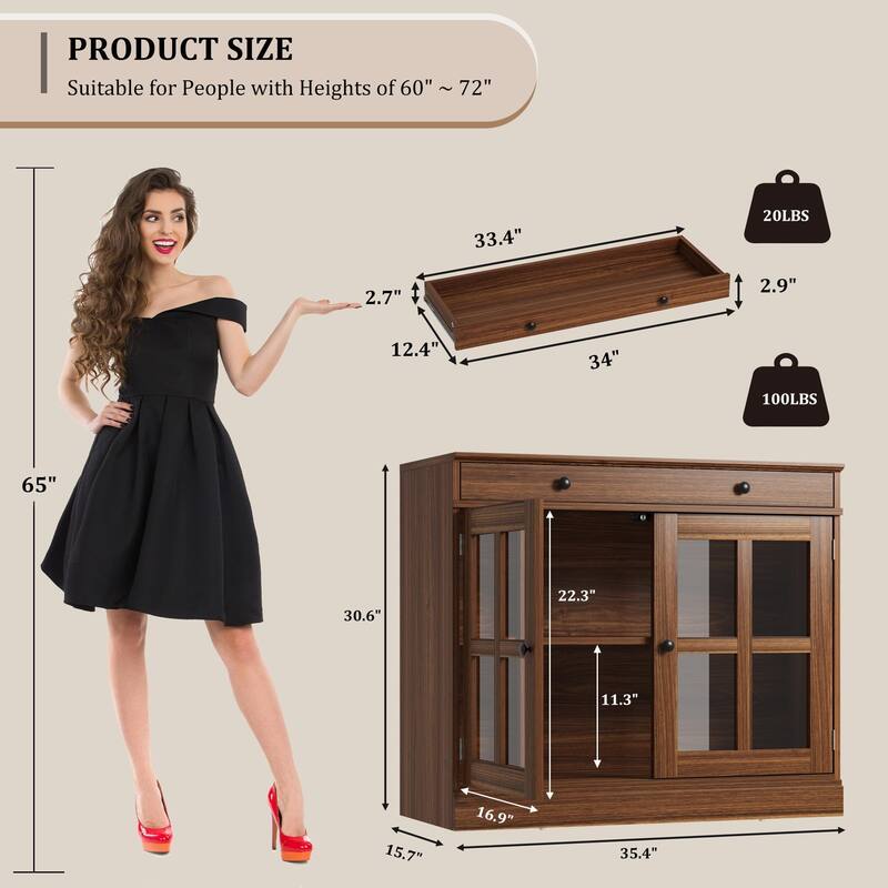 35.4" Sideboard Buffet Cabinets with Glass Door,Buffet Cabinet with Storage,White&Brown Sideboard Cabinet with Drawer