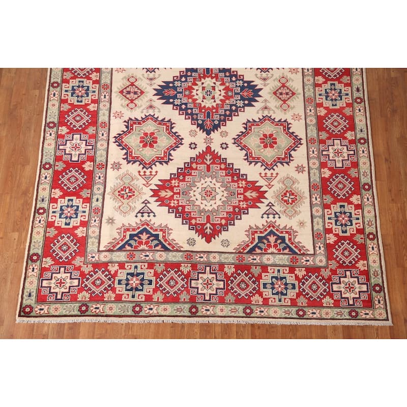 Geometric Kazak Area Rug Hand-Knotted Living Room Wool Carpet - 6'11" x 9'9"