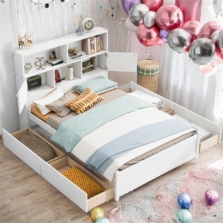 Full Size Platform Bed with Storage Headboard, Charging Station and 4-Drawers, White
