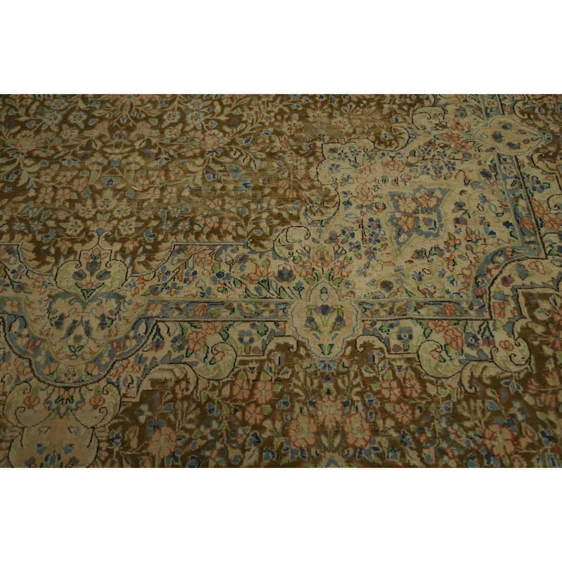 Hand Knotted Oriental 100% Wool Carpet Traditional Floral Brown Kerman Area Rug - 13' 4'' X 9' 6''