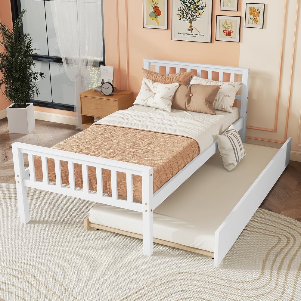 Twin Size Bed with Pull-out Trundle Bed, Platform Bed with Fence Headboard Footboard, No Box Spring Needed, Wood Slats Support