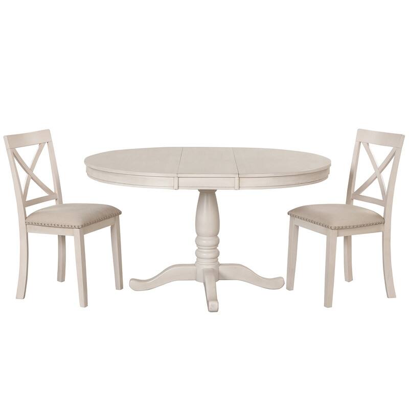 5-Piece Round Dining Table Set Wood Extendable Kitchen Table Set with 4 Upholstered Chairs Farmhouse Dining Set for 4 People