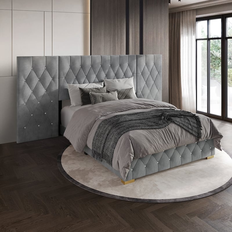 CraftPorch Luxurious Velvet Tufted Platform Bed with Wall Panels