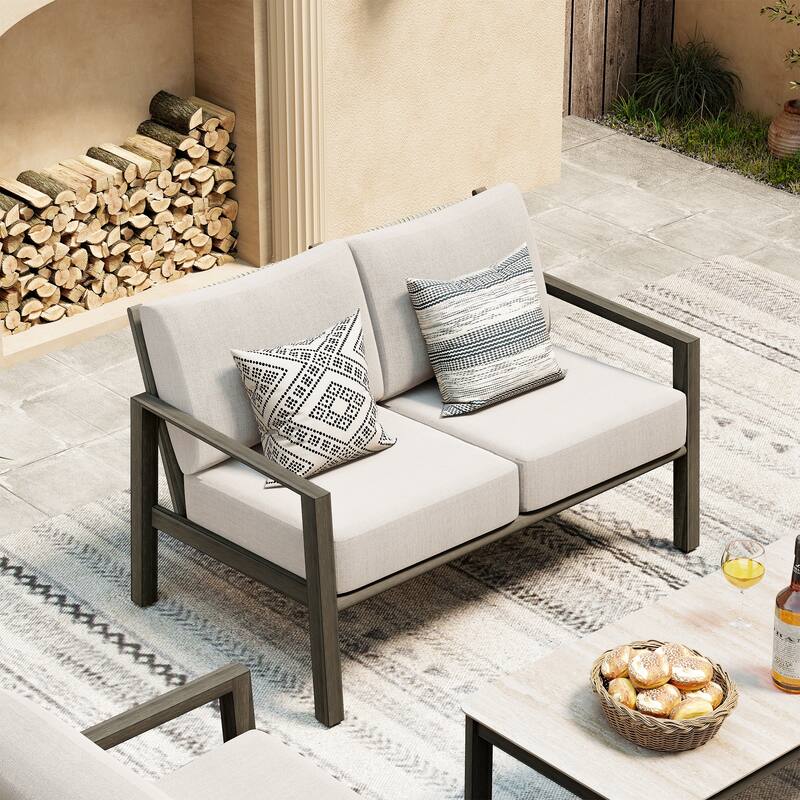 Nimbus 2-Person Brown Aluminum Patio Loveseat with Sunbrella Light Gray Cushions