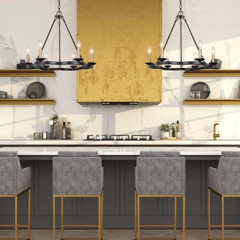 Modern Farmhouse Wagon Wheel Chandelier Black 6-light Candle Ceiling Lights for Kitchen