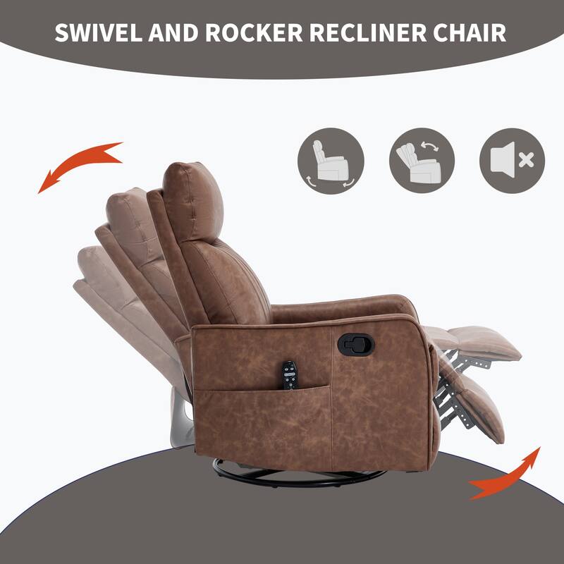 Heat Massage Manual Recliner Chair with Rocker and Swivel in Faux Leather for Living Room