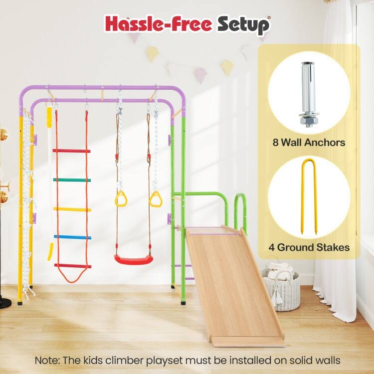Multicolor Metal Plywood 8-in-1 Indoor Climbing Playset with Slide and Swing - Multi Color - 86" × 84" × 80"