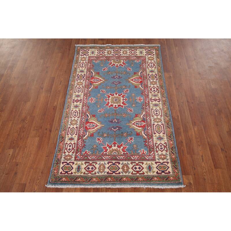 Blue Geometric Kazak Oriental Foyer Rug Handmade Wool Carpet - 2'11" x 4'11"