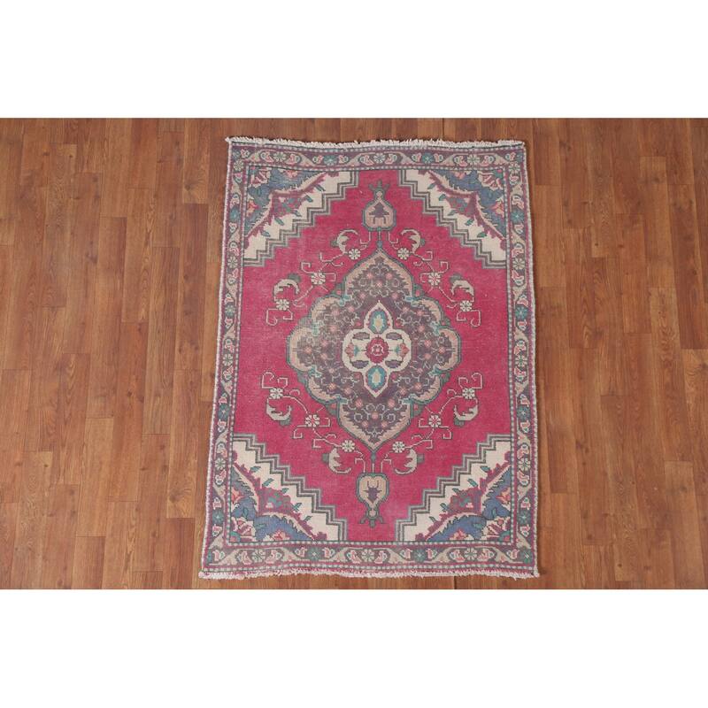Hand Knotted Oriental 100% Wool Carpet Traditional Medallion Pink Tabriz Area Rug - 4' 6'' X 3' 2''