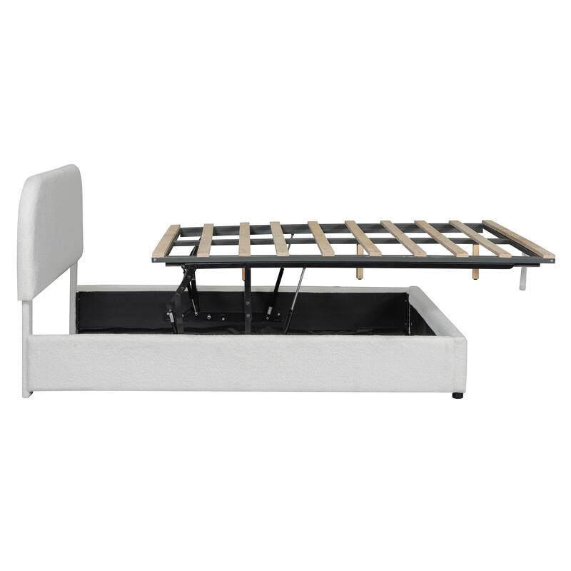 Lift Up Storage Platform Bed Frame, Teddy Fleece Low Profile Bed Hydraulic Storage System, Curved Headboard, Wood Panel Bed
