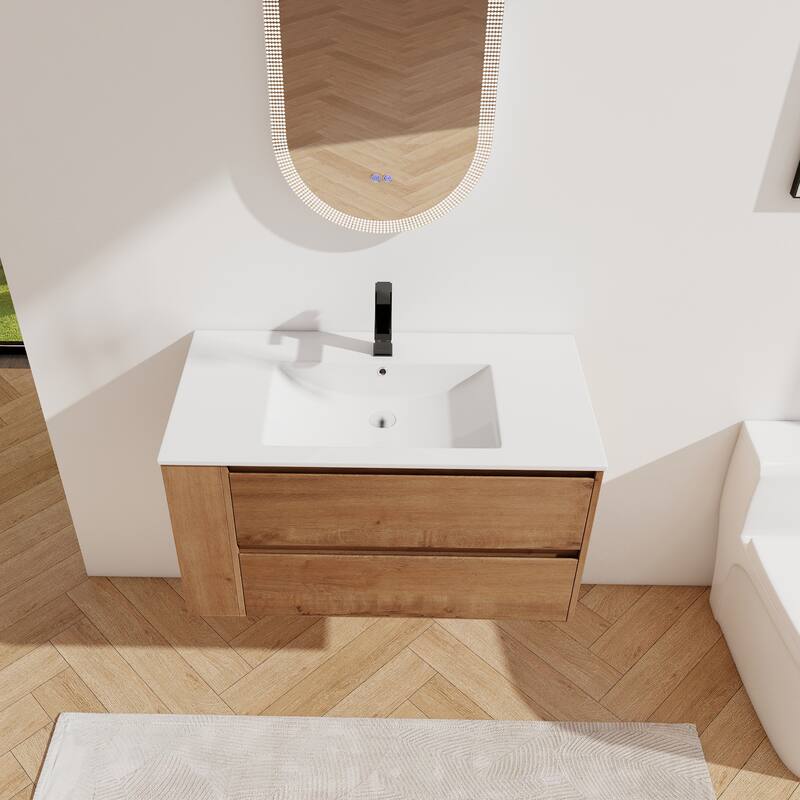 35.9-Inch Modern Bathroom Vanity with Ceramic Sink, Adjustable Side Shelf, Soft-Close Drawers, and 45° Beveled Invisible Handle