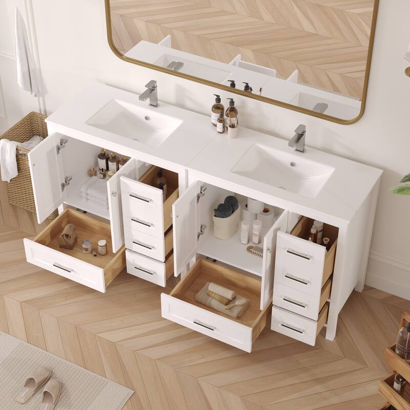 EROMMY All-in-One Bathroom Vanity with Ceramic Sink, Soft-Close Storage Cabinet & Drawer, Glossy Countertop, White