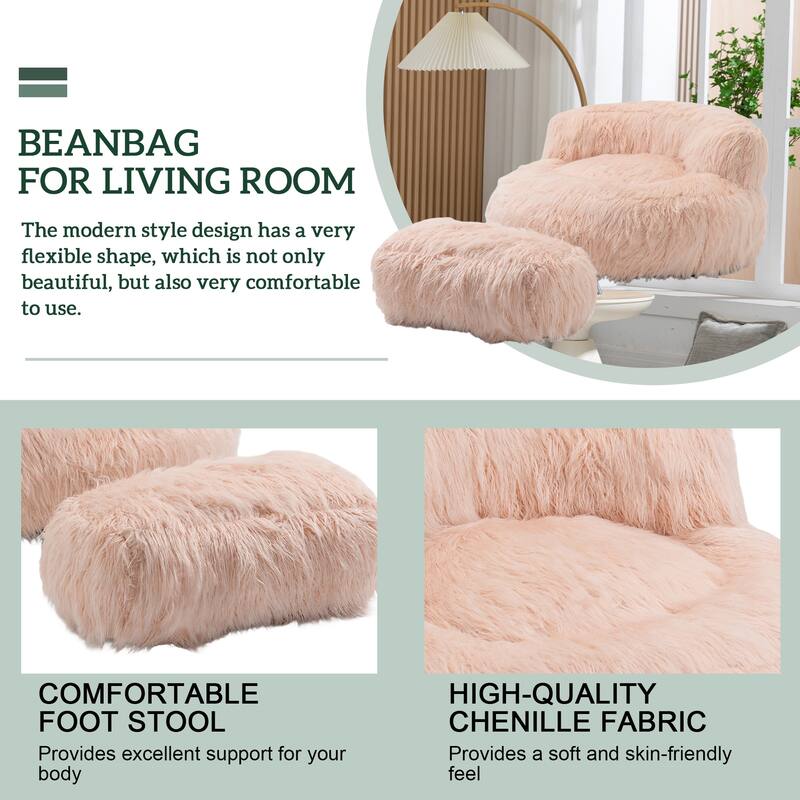 Plush Upholstered Round Comfort Lounger Bean Bag Chair with Ottoman