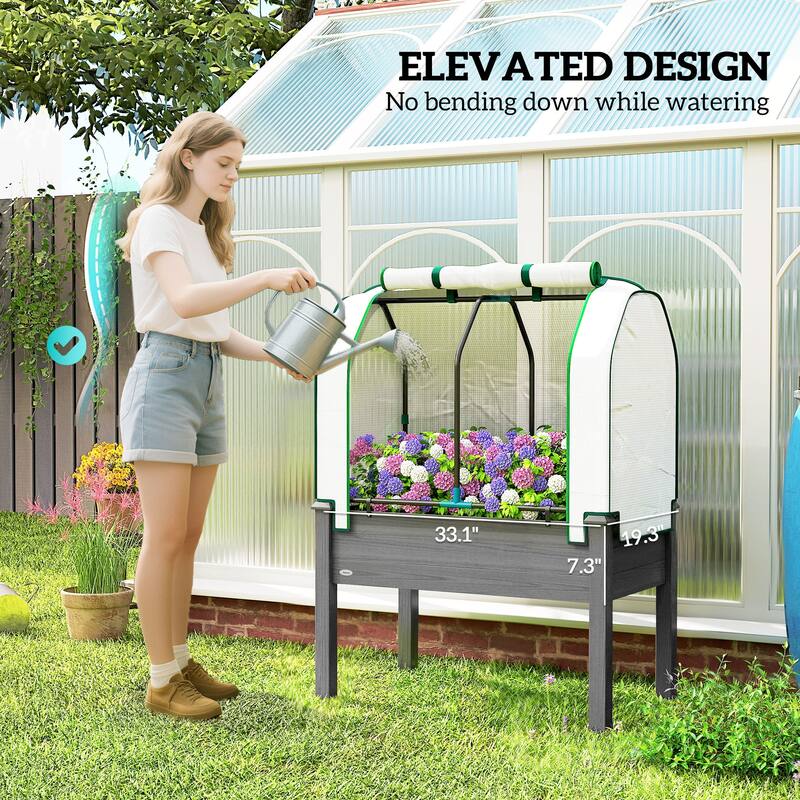 Outsunny Raised Garden Bed with PE Greenhouse Cover Outdoor Elevated Wood Planter Box , 35 x 22 x 47 inch