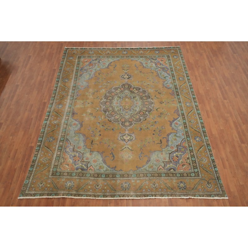 Hand Knotted Oriental 100% Wool Carpet Traditional Floral Oranges & Rust Tabriz Area Rug - 11' 11'' X 9' 4''